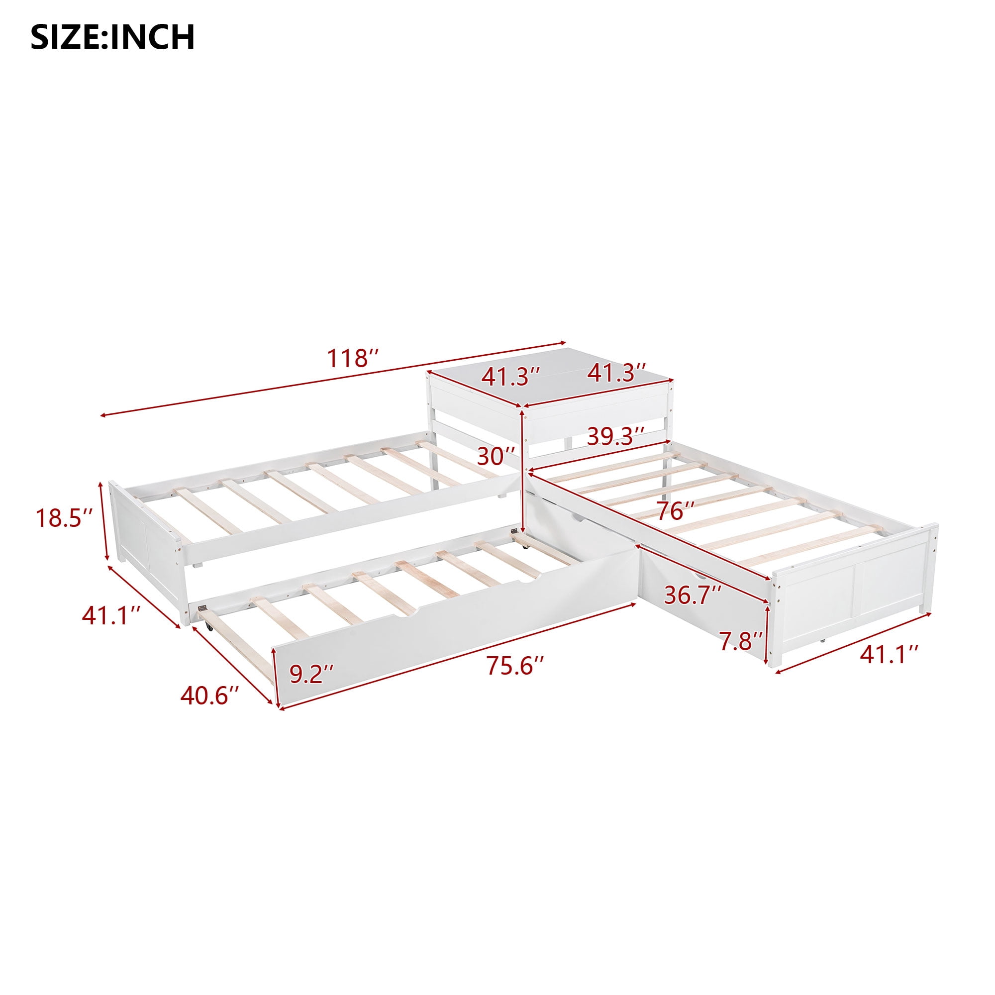 Euroco Pine Wood L-Shaped Twin Platform Bed with Trundle, 3 Beds in One for Bedroom, Trundle Bed with Drawers and Built-in Desk, White