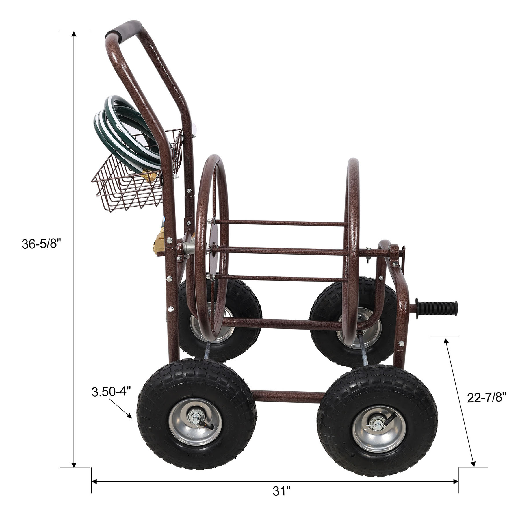 Heavy Duty Metal Hose Reel Cart With Wheels - Bronze Steel Frame 250 Ft Capacity Garden Organizer