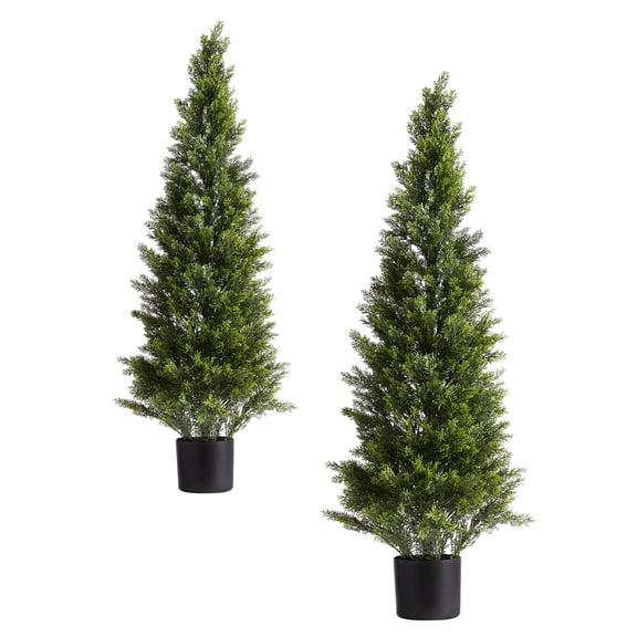 KFFKFF 48-Inch Artificial Topiary Cedar Trees, Set of 2 Faux Pine Shrubs for Indoor and Outdoor Decoration, Realistic Look, Easy to Assemble for Porch, Patio, Garden, Balcony, Backyard, or Office