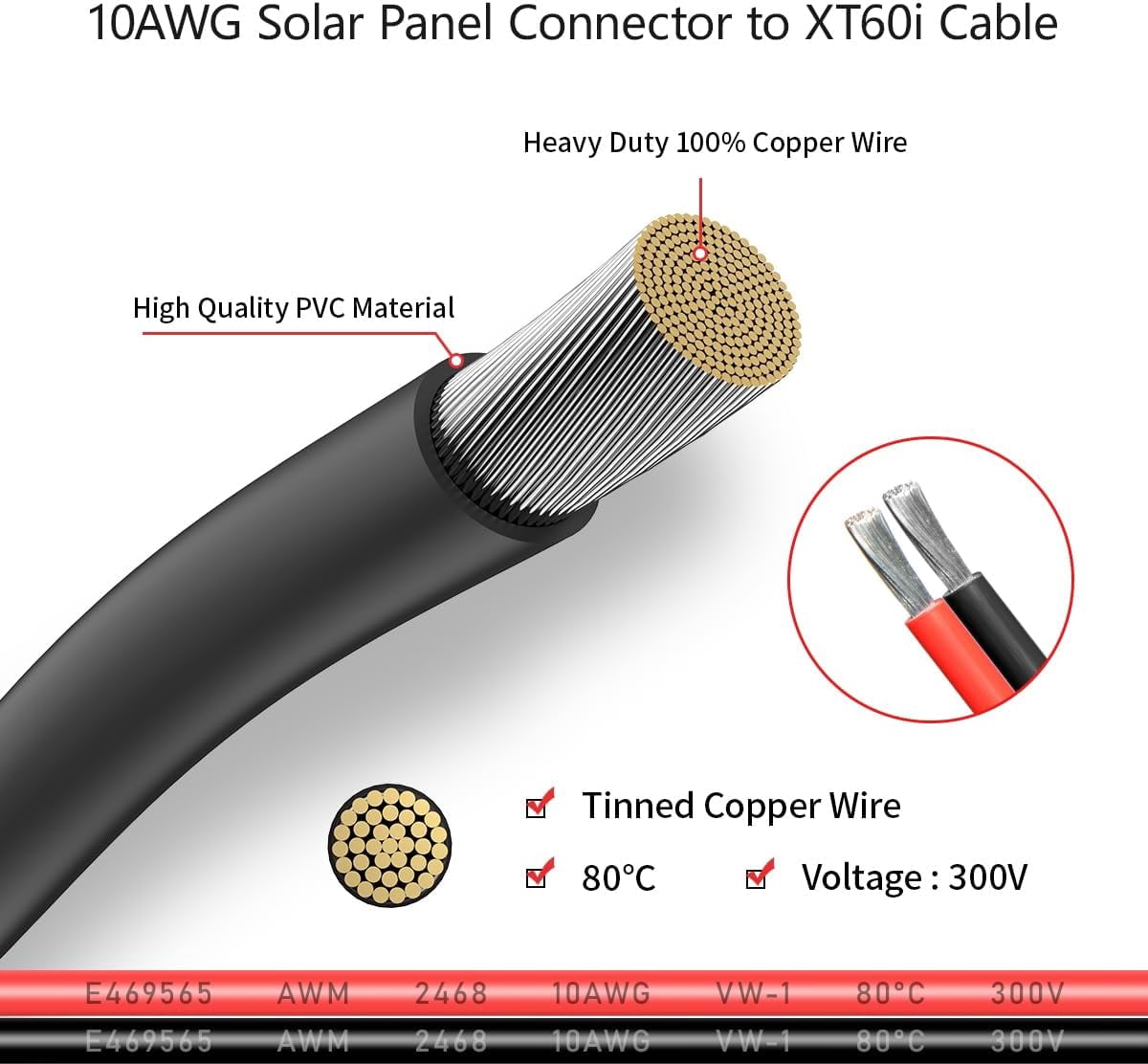 12AWG 10FT Solar to XT60i Cable 2 10 25 35 50 75 100FT Solar Connector to XT60i Adapter Cable for Portable Power Station (10FT)
