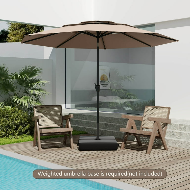 brown patio umbrella base stand included 10 ft 10 ft 3-tier Vented Patio Umbrella with Push Button Tilt-Brown
