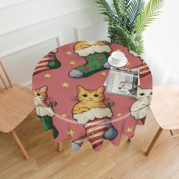 RKSupls 60 Inch Round Tablecloth, Cats Christmas Stockings Premium Polyester Straight Edge Wrinkle Resistant Washable Table Cover for Party Home Dining Decor