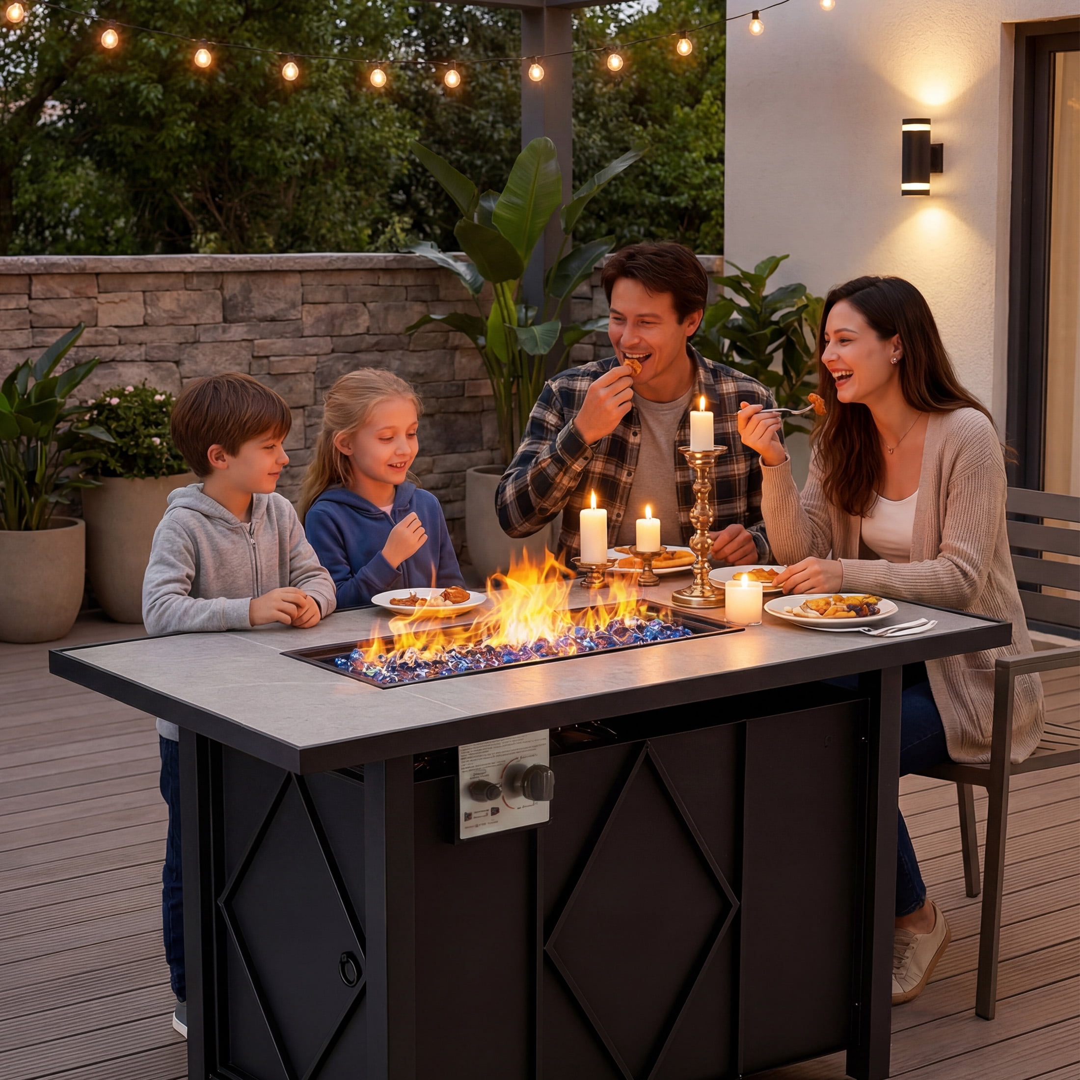 edx 43" Propane Fire Pit Table with Lid & Blue Glass Rock, 50,000 BTU Outdoor Rectangular Steel Gas Fire Pit with Waterproof Cover for Patio, Backyard and Deck, Black