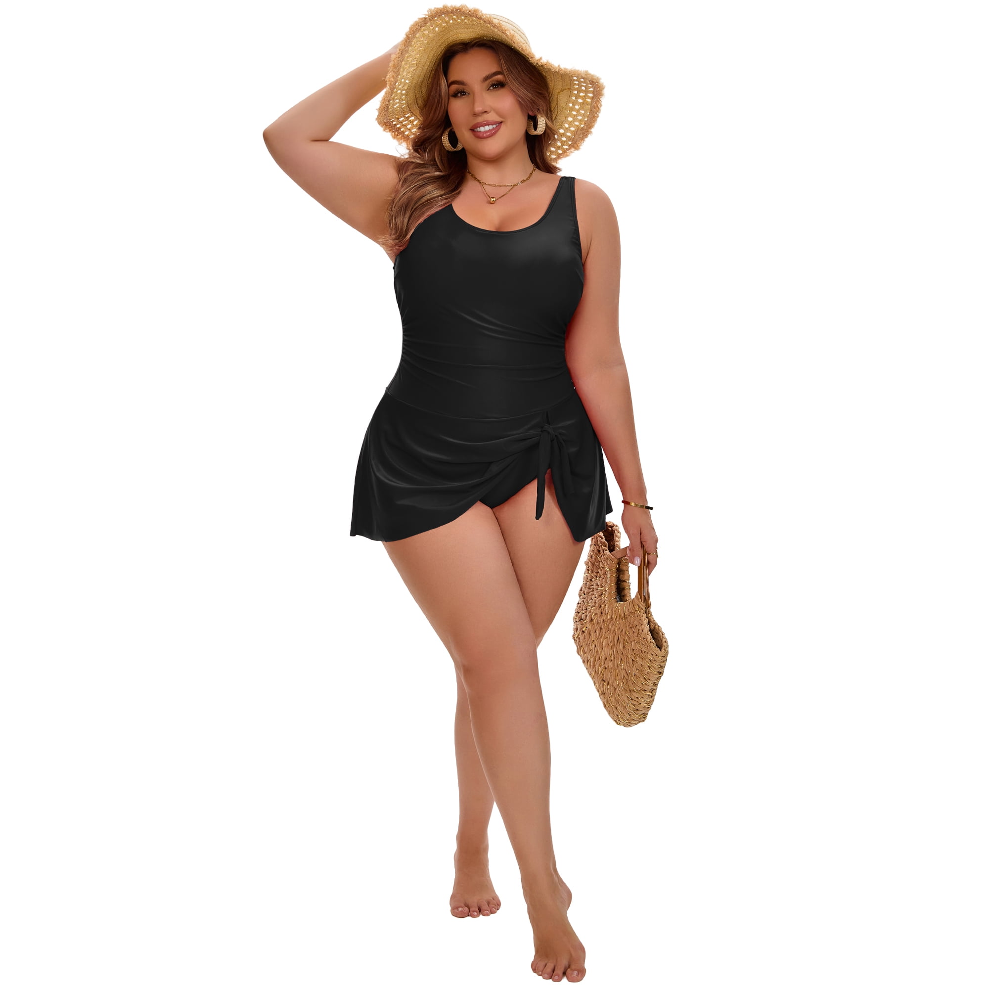 DARING DIVA Women's Plus Tummy Control Beach Vacation Swimdress 3X Black
