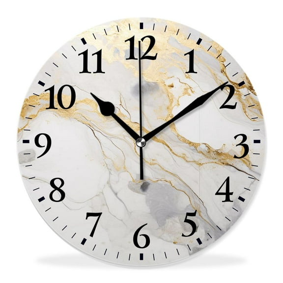 14 Inch Wall Clock Battery Operated Silent Clock Decorative for Office, Kitchen, Outdoor, Living Room，White Marble with Gold Elegant Pattern