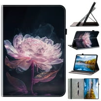 for iPad Air 13 2024/Pro 12.9 2022 2021 2020 2018 Magnetic Auto Sleep/Wake Case, Flower Pattern PU Leather Card Slots Pencil Slot Elastic Strap Kickstand Folio Flip Cover, Purple Peony Flowers