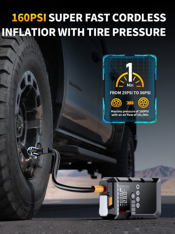Jump Starter with Air Compressor, 4000A Battery Jump Box for 8.0L Gas or Up to 4.0L Diesel, 150PSl Digital Tire Inflator with Emergency Light