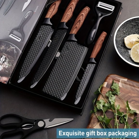 Professional 6pcs Kitchen Knives Set, Chef, Cleaver, Slicer, Utility Knife Peeler& Scissors Stainless Steel Ultra Sharp with Non-Stick Ergonomic Wood Handle Cooking Chef Knife Set for Home, Gift Box