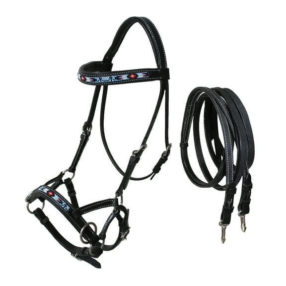 Horse Western Black Leather Bitless Sidepull Beaded Bridle Reins 77RT23BK-F