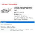 thumbnail image 2 of Left Driver Side Headlight Assembly - Compatible with 2007 - 2009 Toyota Camry 2008, 2 of 2