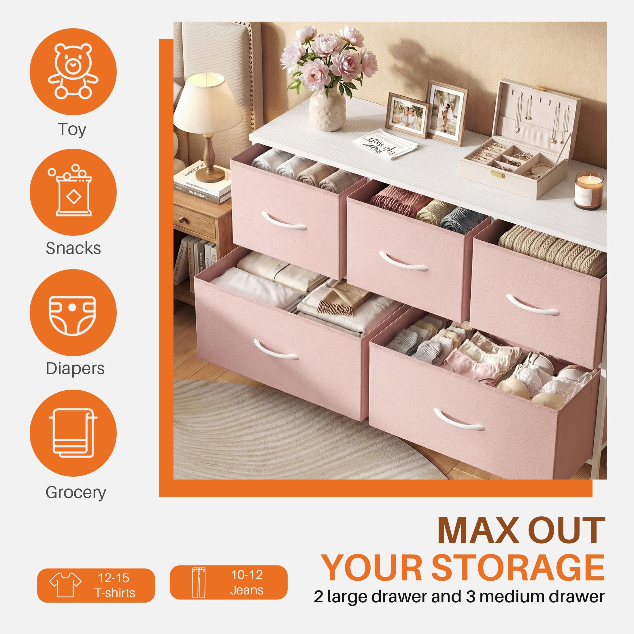 CONCETTA Dresser 5 Fabric Storage Drawer Dresser, TV Stand, Chest of Drawers for Bedroom, Closet, Entryway, Living Room, Pink