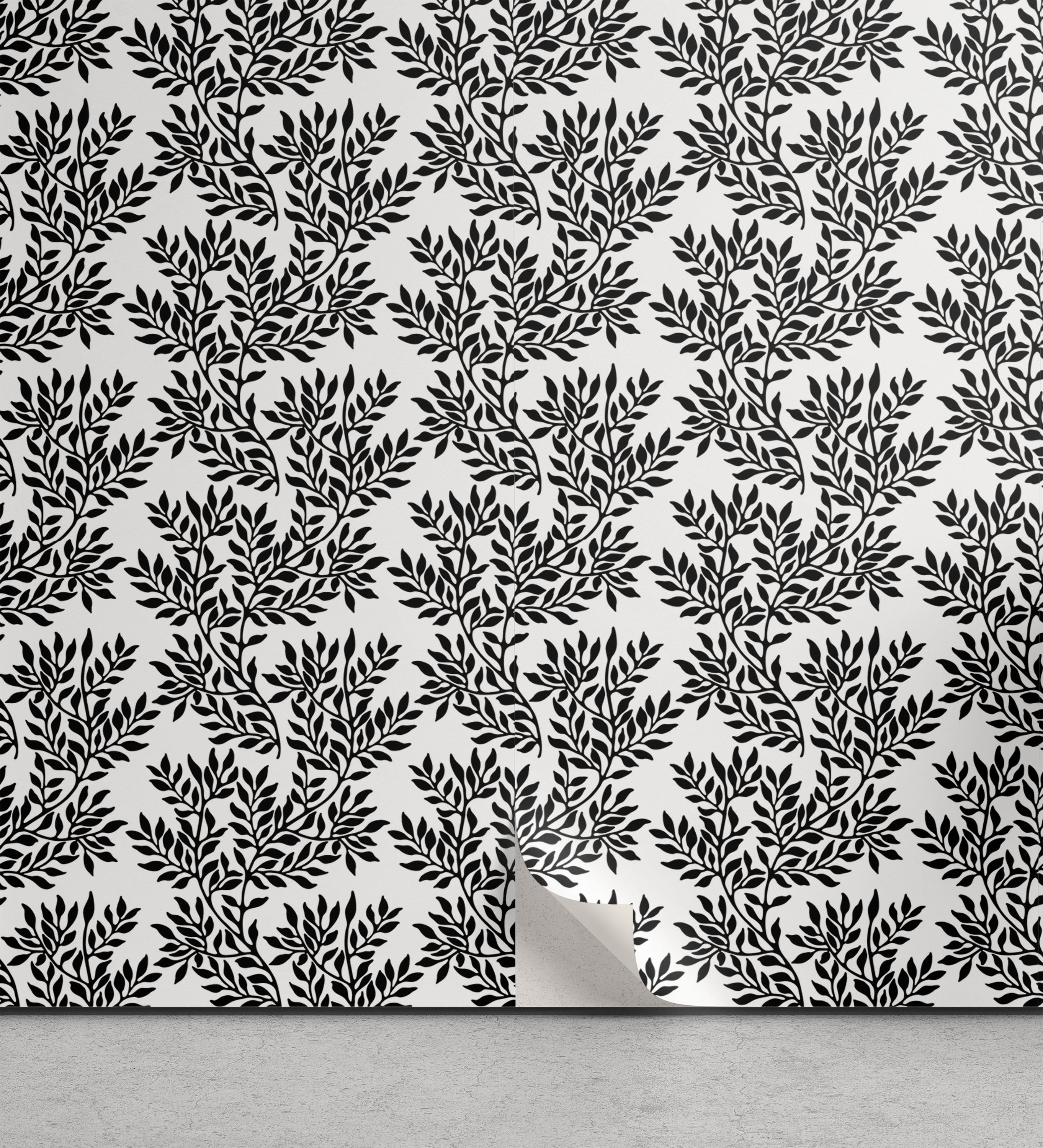 Black and White Peel & Stick Wallpaper, Foliage Plant in Monochromatic
