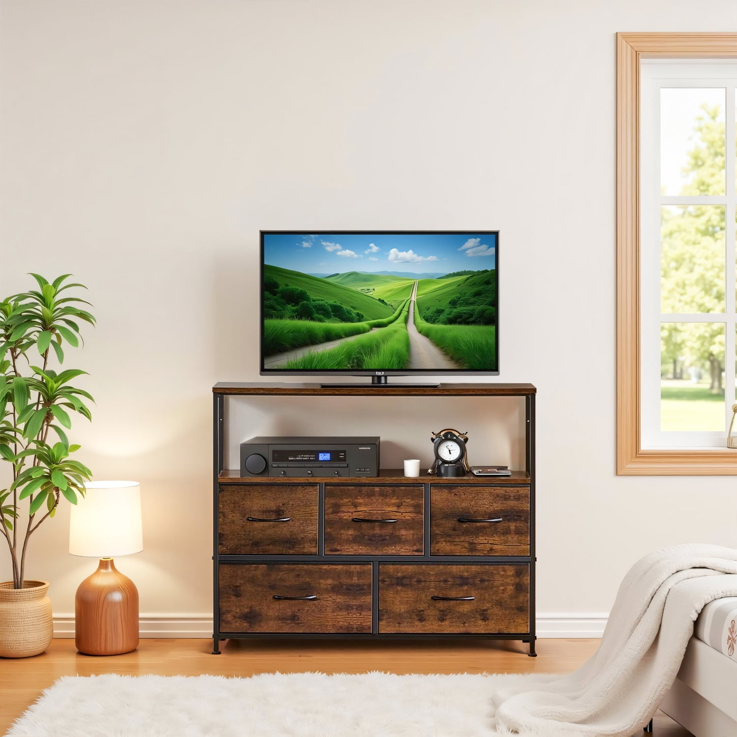 Simenmax 5 Fabric Drawer Dresser TV Stand for Bedroom, Entertainment Center for 45 Inch TV with Storage Drawer Unit, Open Shelf, Adjustable Feet, Living Room, Brown
