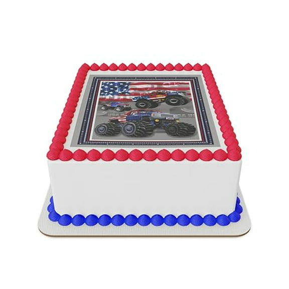 Trucks with US flag Edible Icing Sheet cake topper for 1/4 Sheet cake or larger