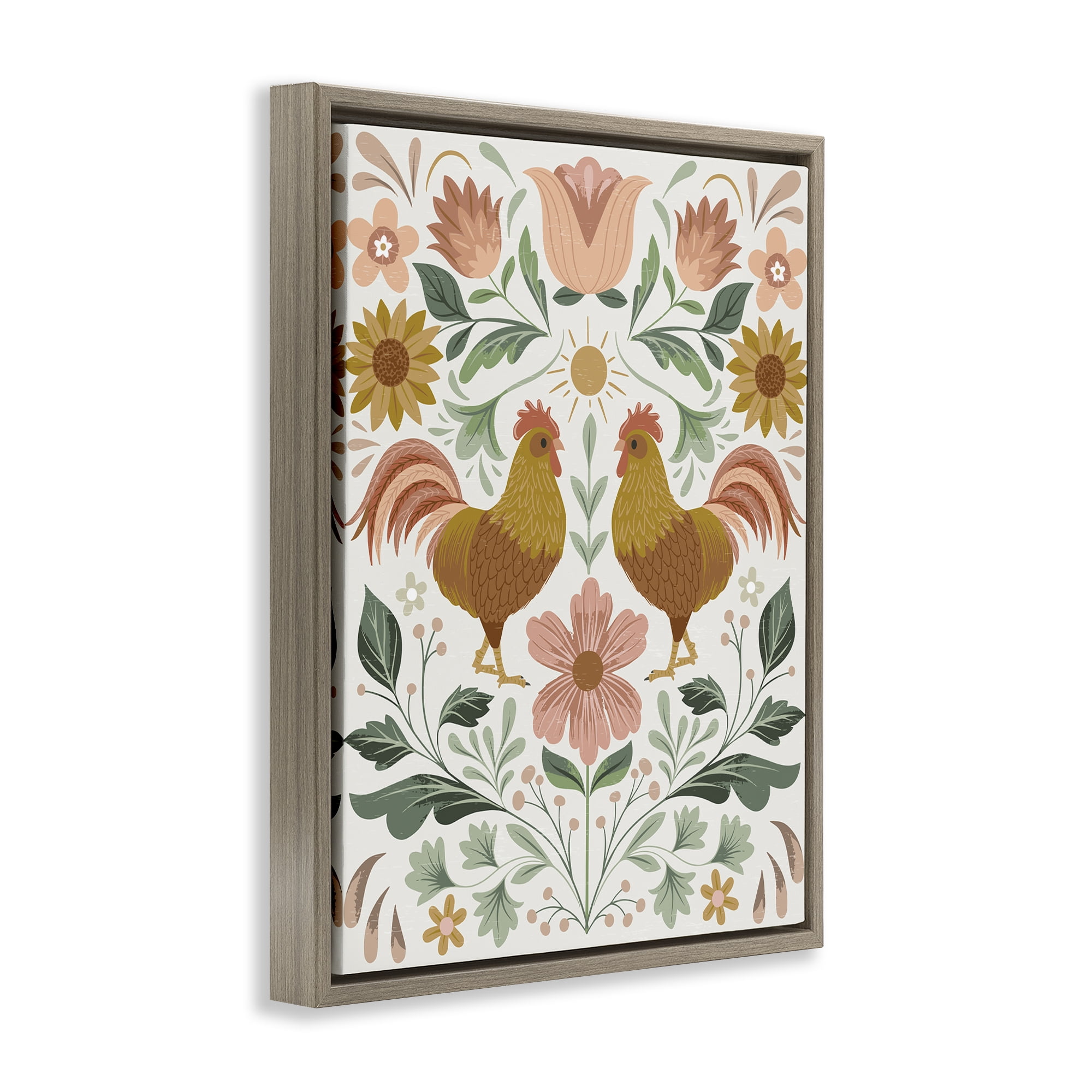 Stupell Industries Hen & Florals Pattern Animals Painting Brown Floater Framed Canvas Art Print Wall Art, 25 x 31