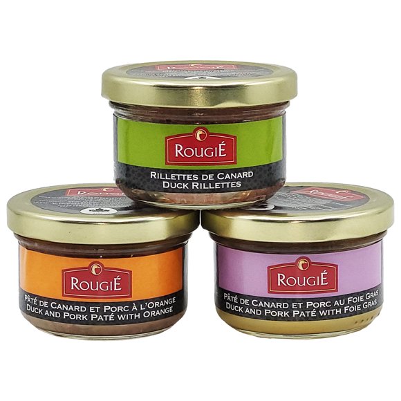 Rougie Tartinades au Canard et au Porc, Lot de 3 - Pate avec Foie Gras, Rillettes et Pâté à l'Orange; 3 X 80 g, Produit du Canada