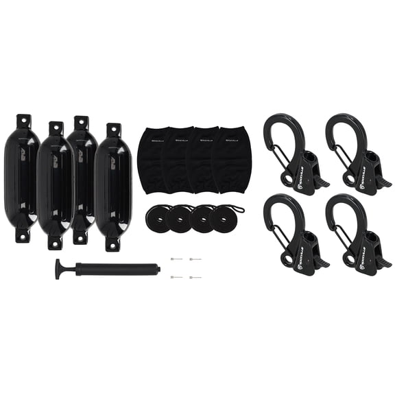 Rockville FEN465-BLACK Bundle: 4 Boat Fenders 6.5 x 23 Inch with Covers, 10-Foot Lines, Pump and Needles, RQA-4 Quick Release Clips, 21-items