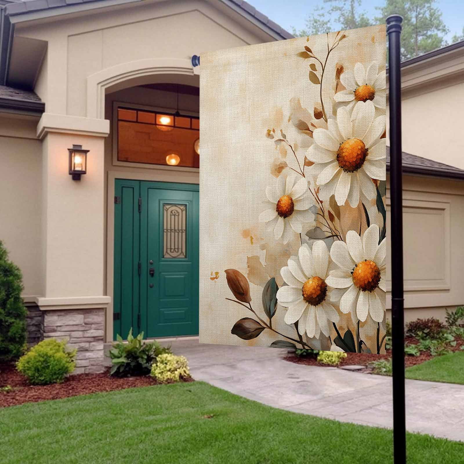 Garden Flag Double-Side Printed House Flag Vintage Style Yard Flag White Daisy Welcome Banner Decor Outdoor Holiday Decorations 28*40in