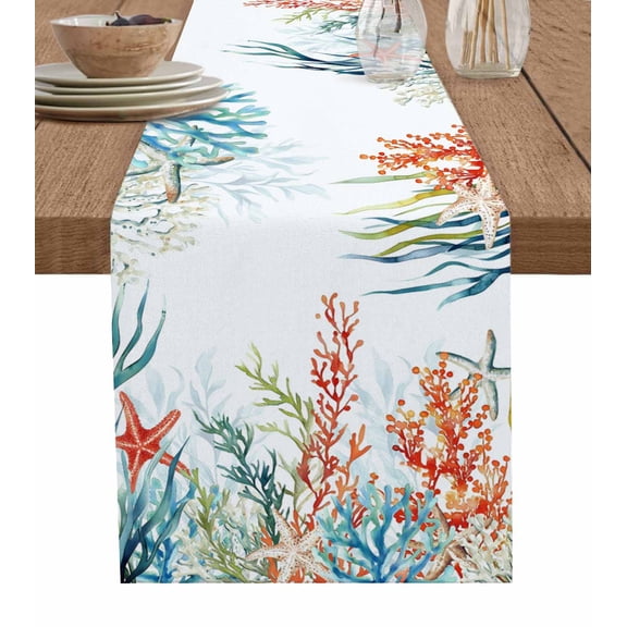 Coastal Ocean Table Runner 70 Inches, Summer Beach Coral Starfish Seagrass Bed Runner Dresser Scarves Tabletop for Indoor Outdoor Parties/Ceremony/Banquet, 13" x 70"