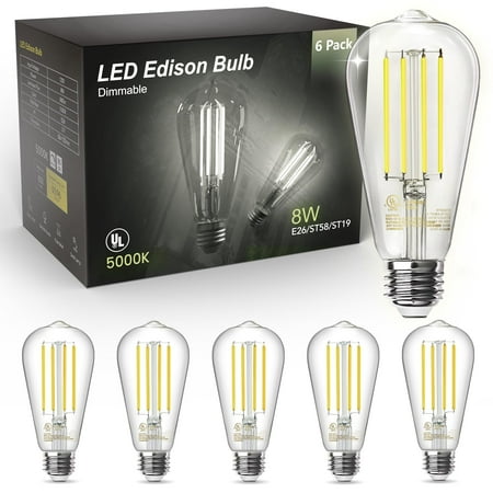 TJOY Edison Light Bulbs 60W Equivalent  Dimmable Vintage LED Light Bulbs  E26 Medium Base  5000K Daylight  ST58  8W  800LM  80+ CRI  Antique Decorative Filament LED Bulb  Clear Glasses  6 Pack