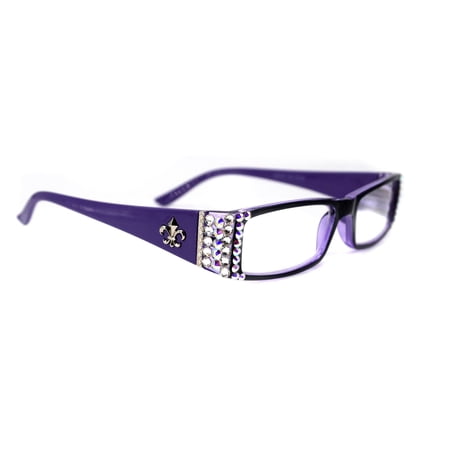 The French, (Bling) (Fleur De Lis) Women Reading Glasses W Genuine European Crystals +1 .. +3 (Purple) Frame, NY Fifth Avenue