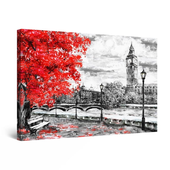 Startonight Canvas Wall Art Abstract - Red Tree and Big Ben London Painting - Large Artwork Print for Living Room 32" x 48"
