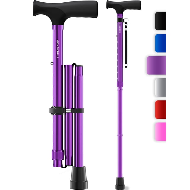 Bastón HoneyBull | Bastones de una sola punta para hombres y mujeres, plegables, ajustables, resistentes hasta 113 kg, para personas mayores (morado)