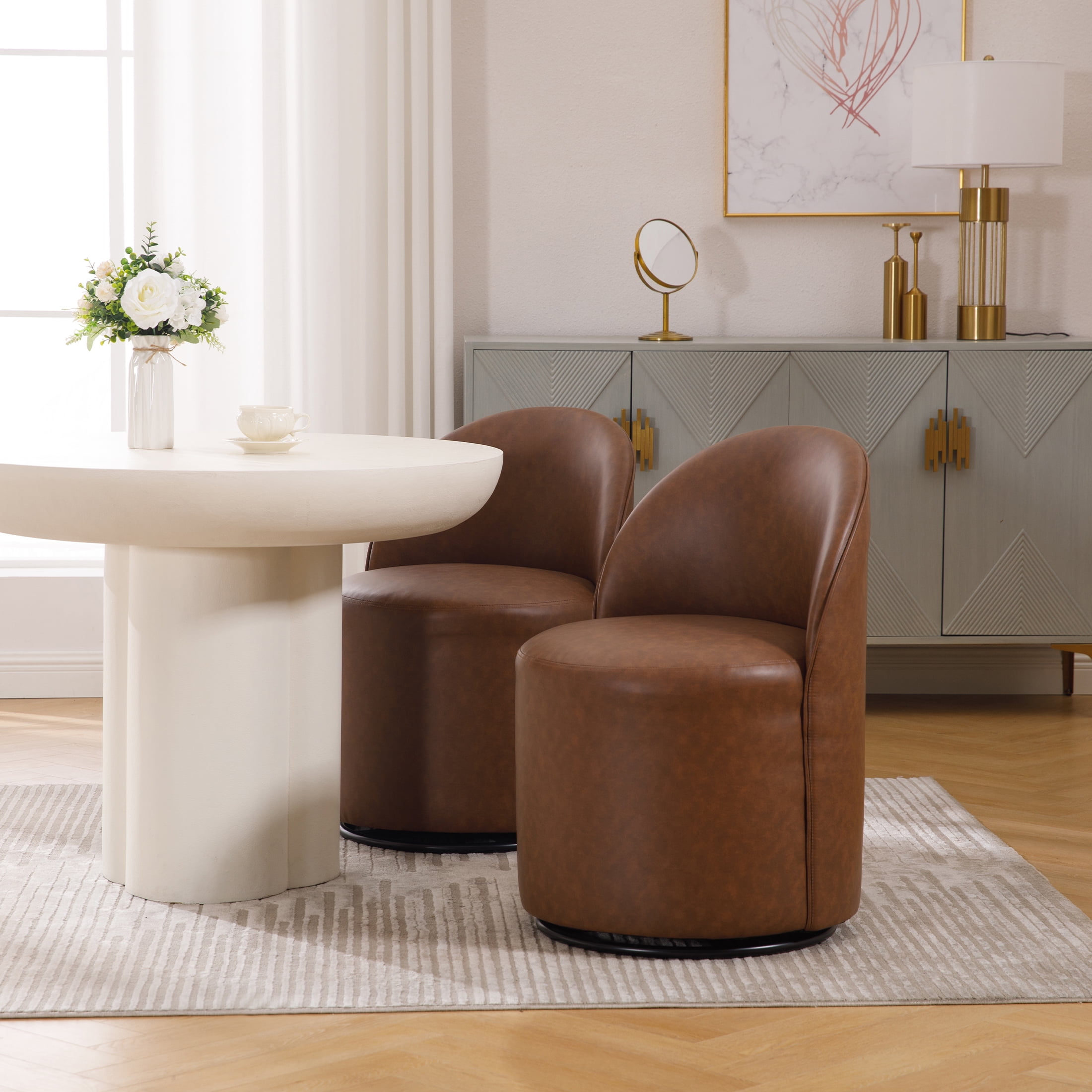 Guyou 360° Swivel Barrel Dining Chair Set of 1, Mid-Century Modern Upholstered Barrel Accent Chair, PU Round Vanity Chair for Dining Room Living Room Bedroom, Brown