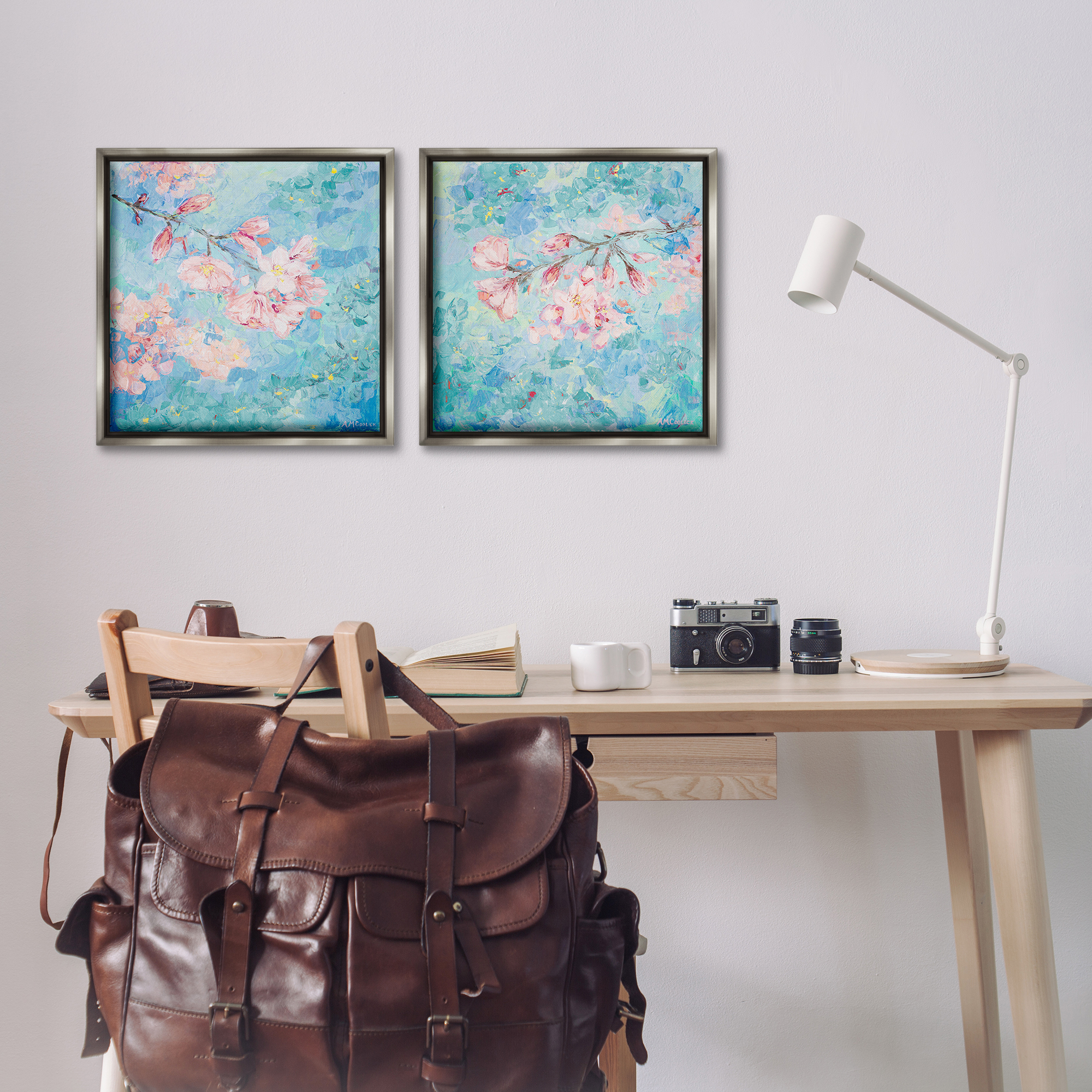 Stupell Industries Yoshino Cherry Blossoms Floral & Botanical Painting Gray Floater Framed Canvas Art Print Wall Art, 18 x 18, Set of 2