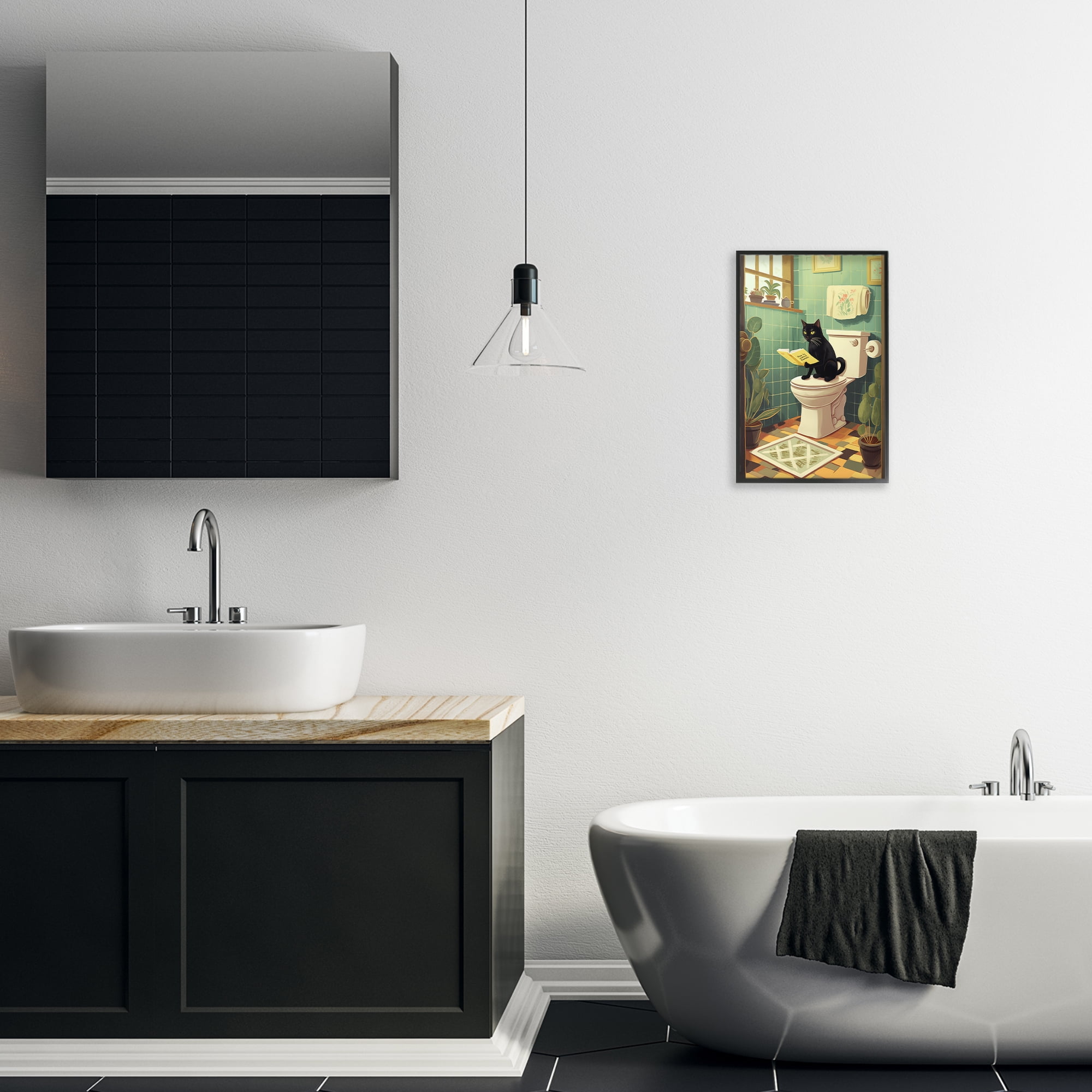 Cat Reading On Toilet Black Framed Giclee Art, design by Andreas Magnusson