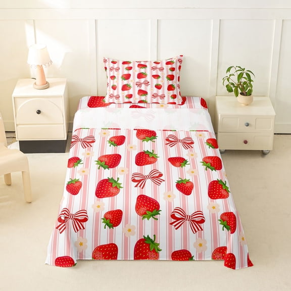 spefrowx Kawaii Strawberry Bow Print Twin Sheets for Girls, Pink Stripe Floral Bedding, 3 Pieces, 1 Flat Sheet, 1 Fitted Sheet and 1 Pillowcase