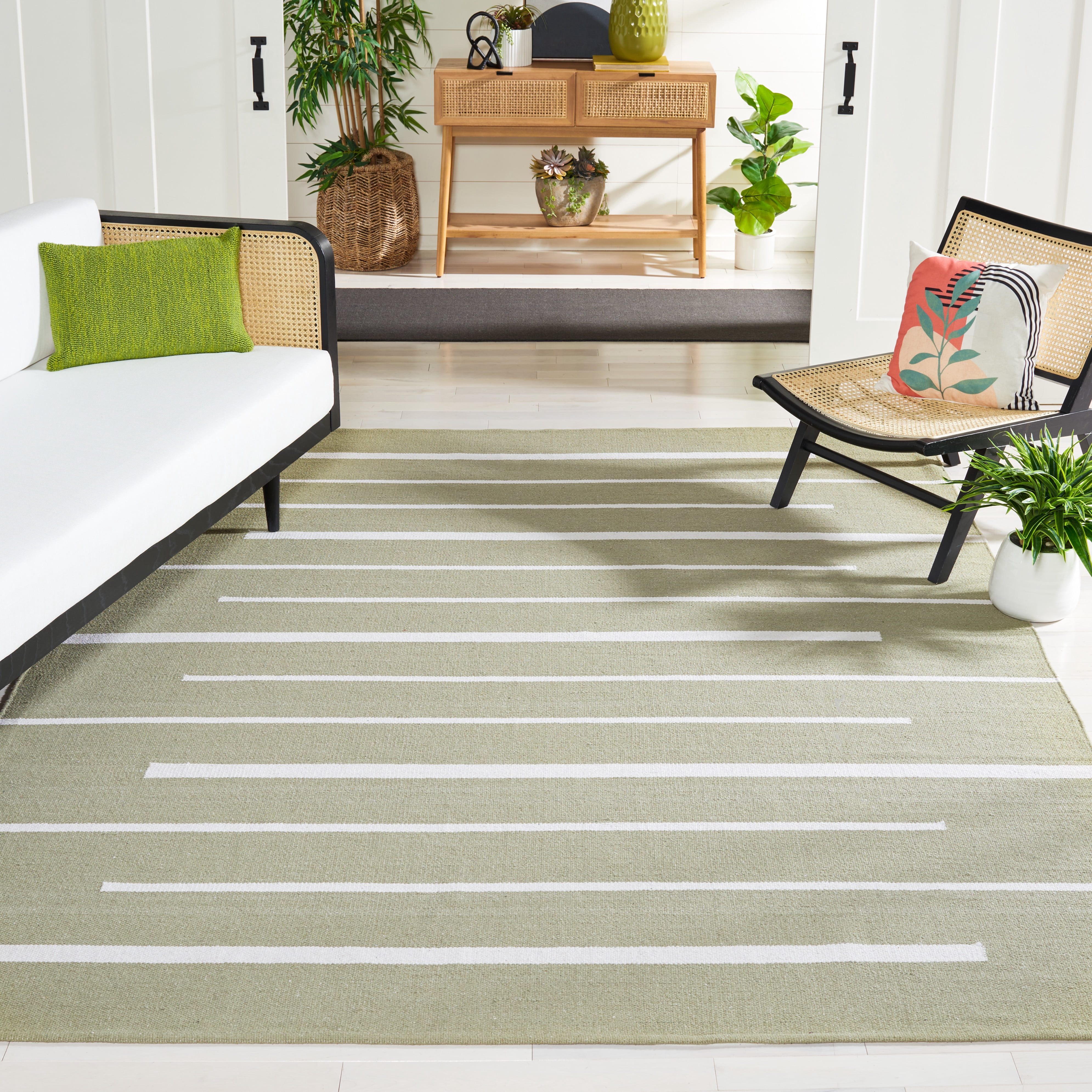 SAFAVIEH Montauk Oswald Geometric Striped Cotton Area Rug, Light Green/Ivory, 9' x 12'