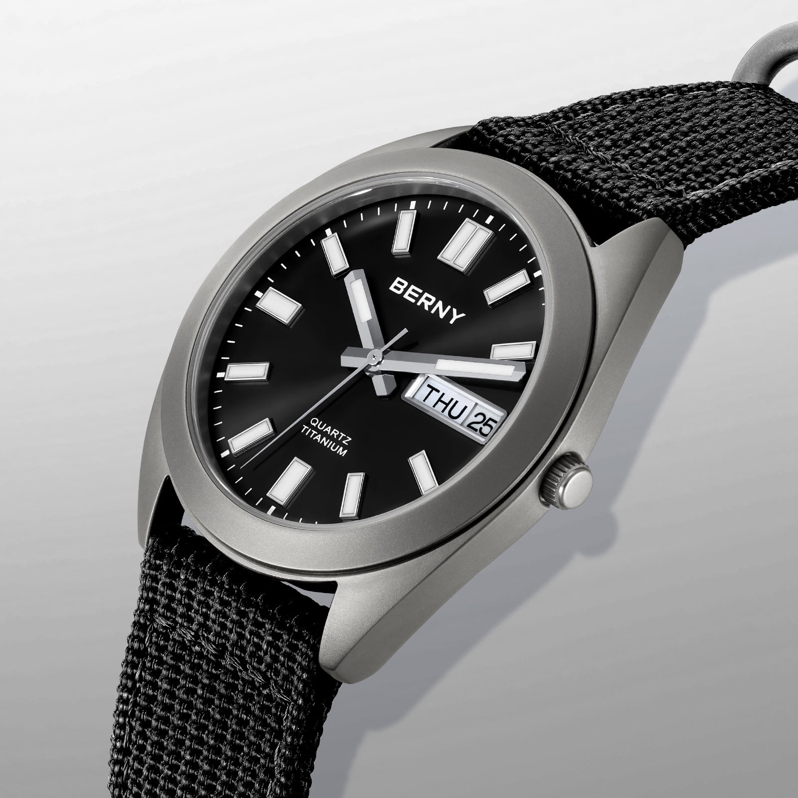 BERNY Titanium Watch for Men, Sport Men's Field Watch, Military Analog Quartz Watch with Date, Canvas Strap, Japanese Quartz Movement, Super Luminous, 10ATM Waterproof Army Wristwatch, Black