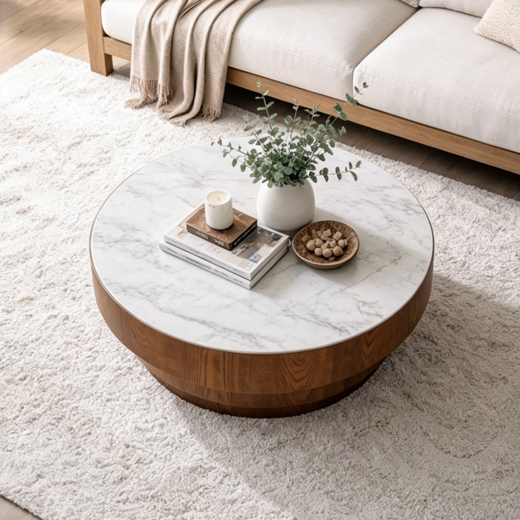 Noble House Carlen 31.5" Round Sintered Stone Coffee Table with Tiered Wood Veneer Base for Living Room, White & Walnut