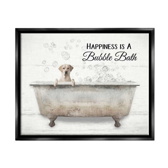 Stupell Industries Happiness Is A Bubble Bath Dog In Tub Word Design Jet Black Framed Floating Canvas Wall Art, 16x20, by Lori Deiter
