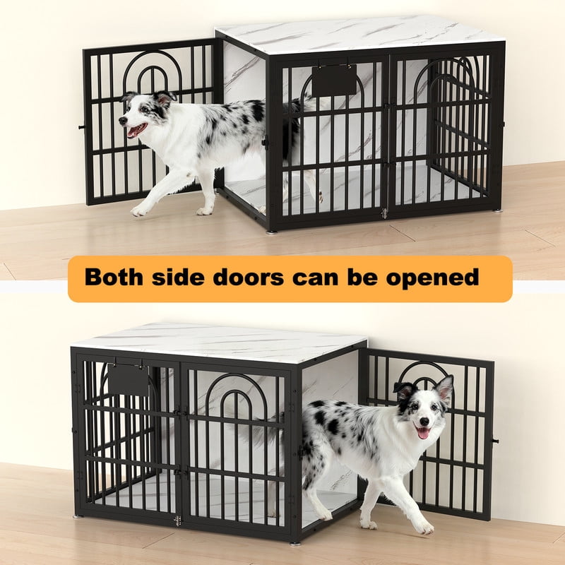 Dog Crate Furniture with Cushion, Wooden Dog Kennel End Table with Double Doors, Heavy Duty Indoor Dog House for Small Medium Large Dogs, Marble pattern, 32in