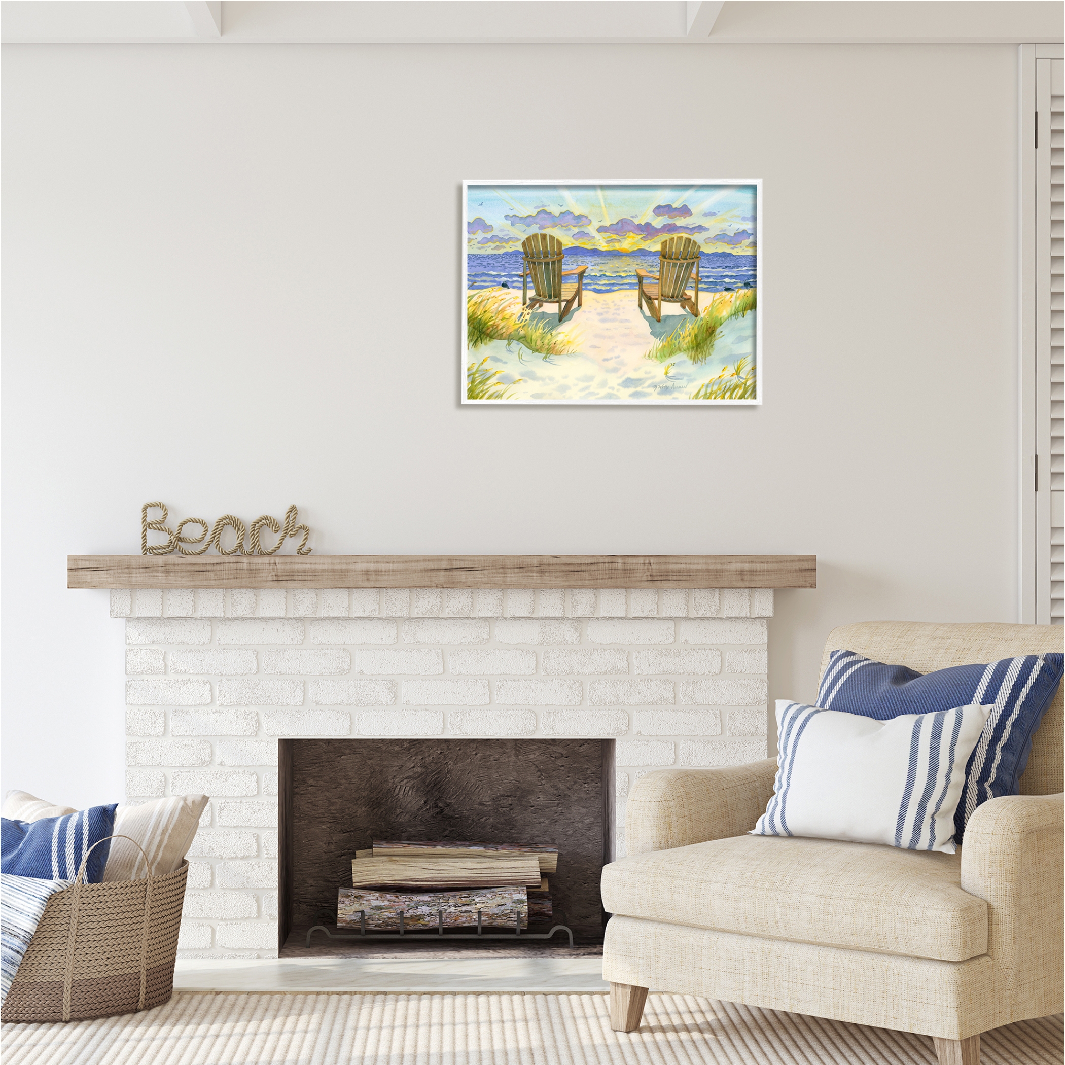 Stupell Industries Nautical Beach Chairs View Nature Painting White Framed Art Print Wall Art, 30 x 24