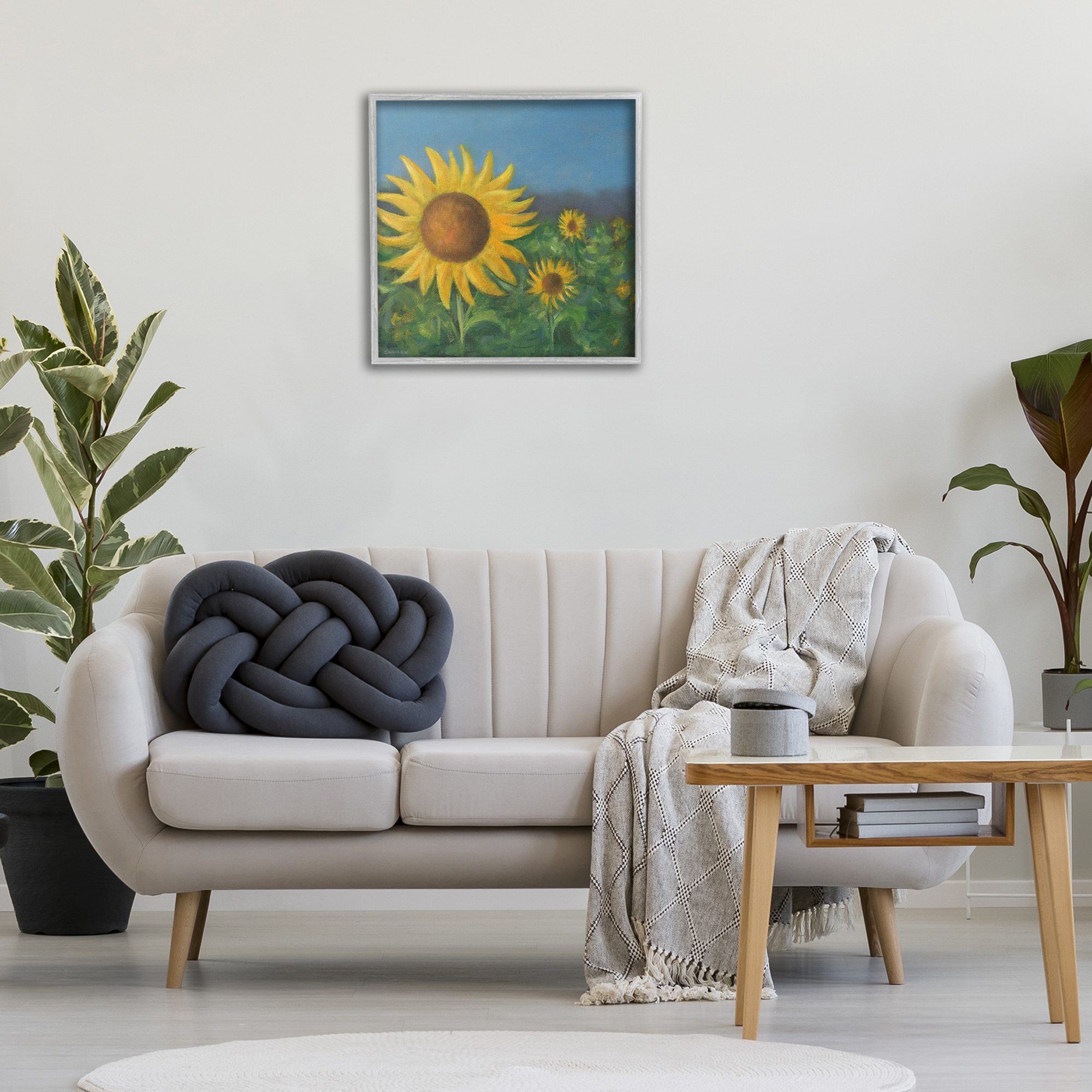 Stupell Industries Mellow Sunflower Garden Botanical & Floral Painting Gray Framed Art Print Wall Art, 24 x 24