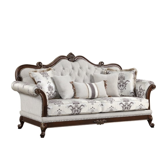 JERFIT Traditional Button Tufted Sofa, 3-Seater Ivory Upholstered Floral Fabric Couch for Living Room