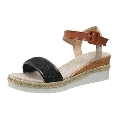 

Cathalem Ladies Fashion Summer Sequins Decorative Open Toe Buckle Wedge Heel Thick Sole Sandals Black 40