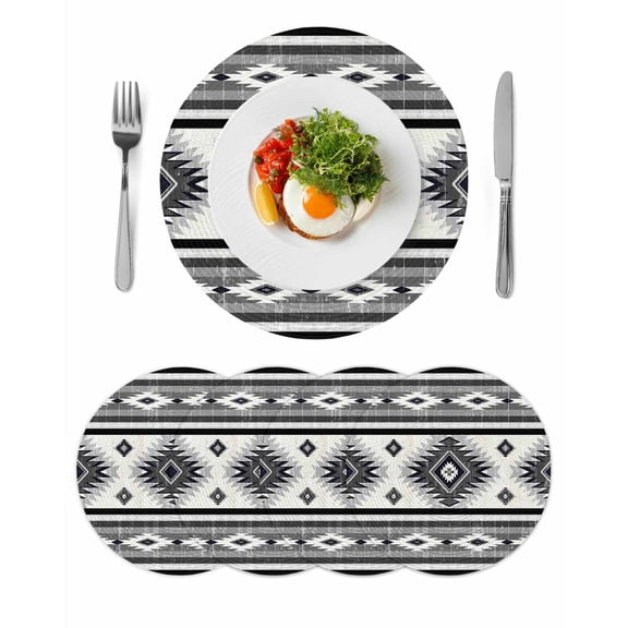 Gray Boho Round 13 Inch Placemats Set of 4, Southwestern Ethnic Aztec Retro Geometric HeatResistant Non Slip Place Mats for Dining Table, Wipeable Braided Kitchen Table Mats for Housewarming