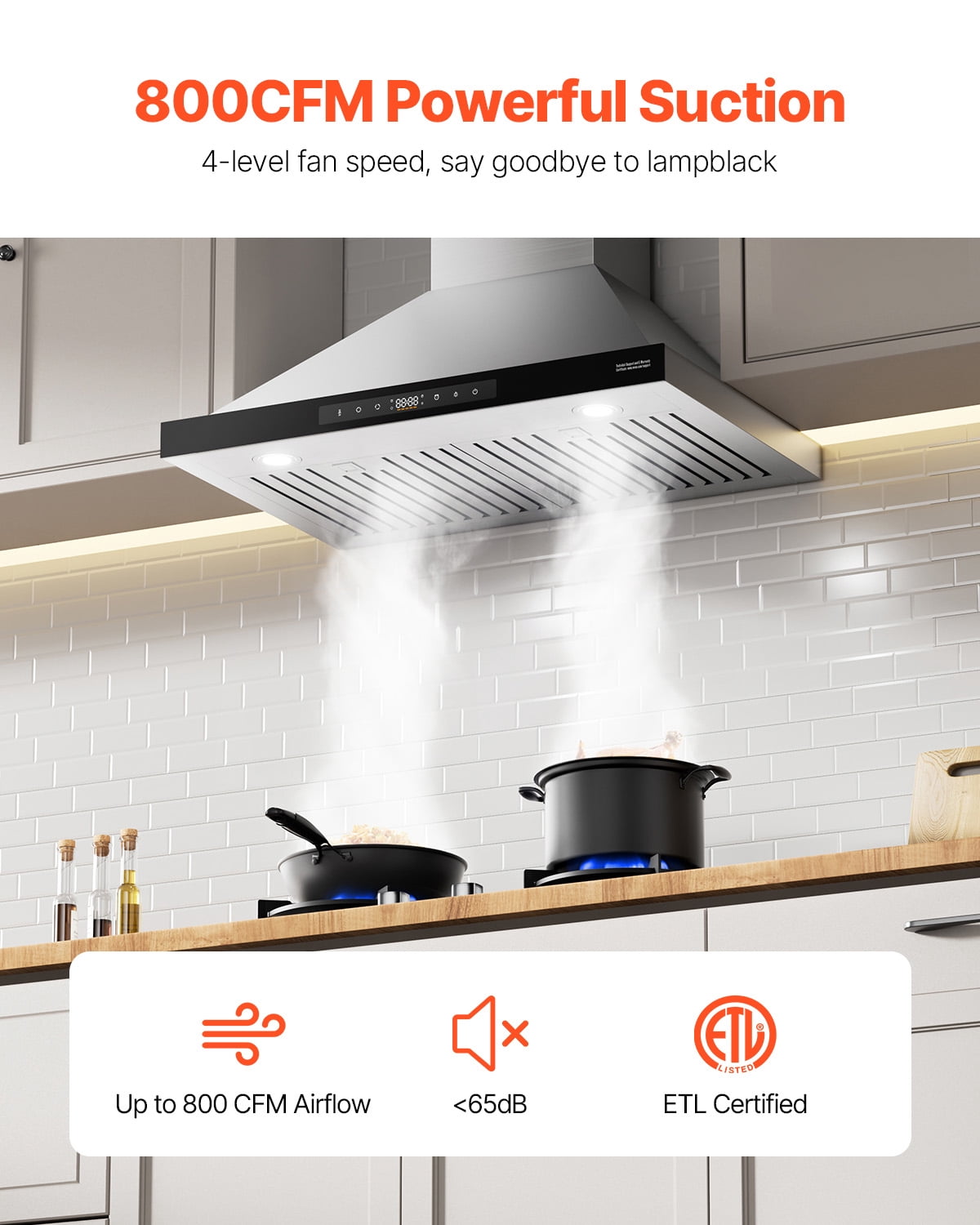 KFFKFF Ceiling Mounted Range Hood, 30-inch Chimney Design, 800 CFM Kitchen Vent in Stainless Steel, Equipped with Gesture and Touch Control, LED Illumination, Baffle Filters