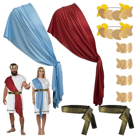 EBaokuup 2 Sets Roman Toga Costume Accessories, Greek God Outfit Set with Shawl Belt Headpiece for Adult Cosplay