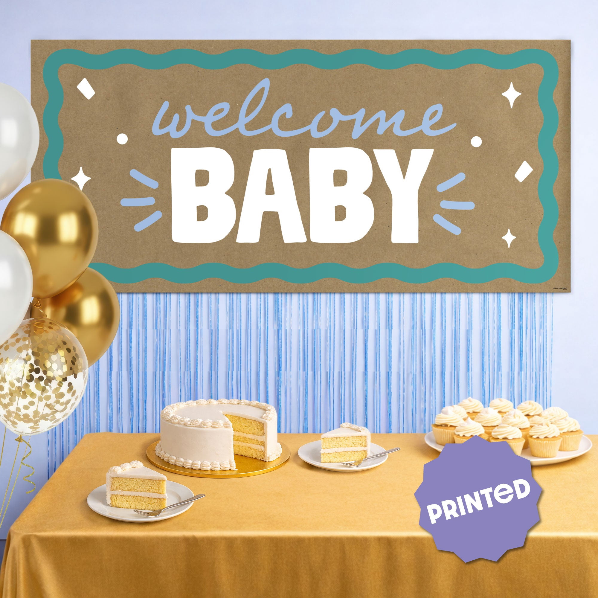 Big Dot of Happiness Blue and Teal Wavy Welcome Baby Kraft Paper Banner, Retro Baby Shower Banner Backdrop, Printed Brown Paper Party Sign Decoration – 1 Count