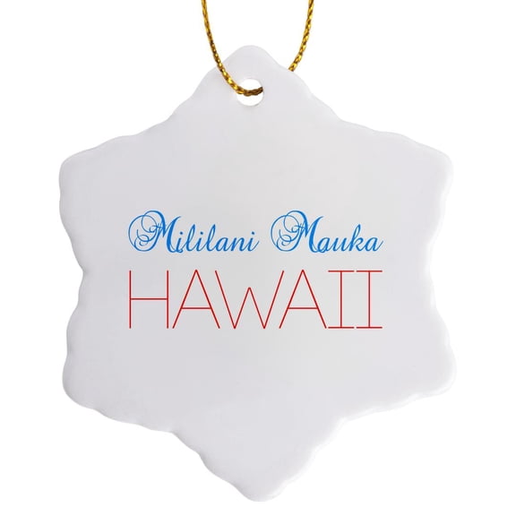 3drose, Mililani Mauka, Hawaii Blue, Red Text. Patriotic Home Town Design, 3 inch Snowflake Porcelain Ornament