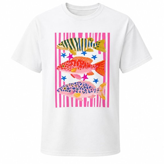 Preppy Tropical Fish Graphic Tee, Colorful Coastal Beach T-Shirt, Summer Vacation Fishing Top, Unisex Cotton Shirt