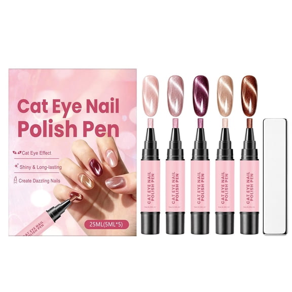 5‑Color 3‑in‑1 Cat‑Eye Nail Gel Pen Kit With Magnet, Quick‑Dry One‑Step Base Color Top Coat Manicure Pens, Portable DIY Long‑Lasting Glossy Nail Art Set for Home & Travel Use