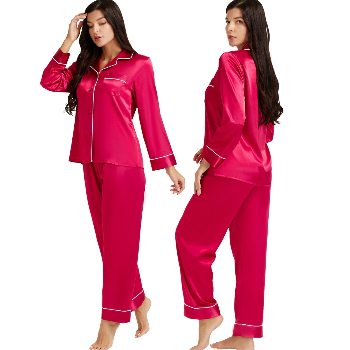 LONXU Women's Satin Pajamas Long Sleeve With Long Pajama Pant Set Silk ...