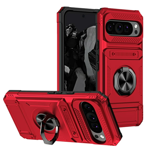 Designed for Google Pixel 9 Pro XL Card Holder Case with 360°Rotatable Ring Holder Kickstand,2-Layer Heavy Duty Shockproof Rugged Hybrid Hard PC Soft Rubber Case For Google Pixel 9 Pro XL,Red