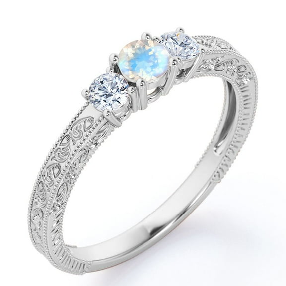 JeenMata Trilogy Cathedral Prong - 1 Carat Round Brilliant Cut Rainbow Moonstone and Moissanite - Carved Filigree Milgrain Engagement Ring - 18K White Gold Plating over Silver